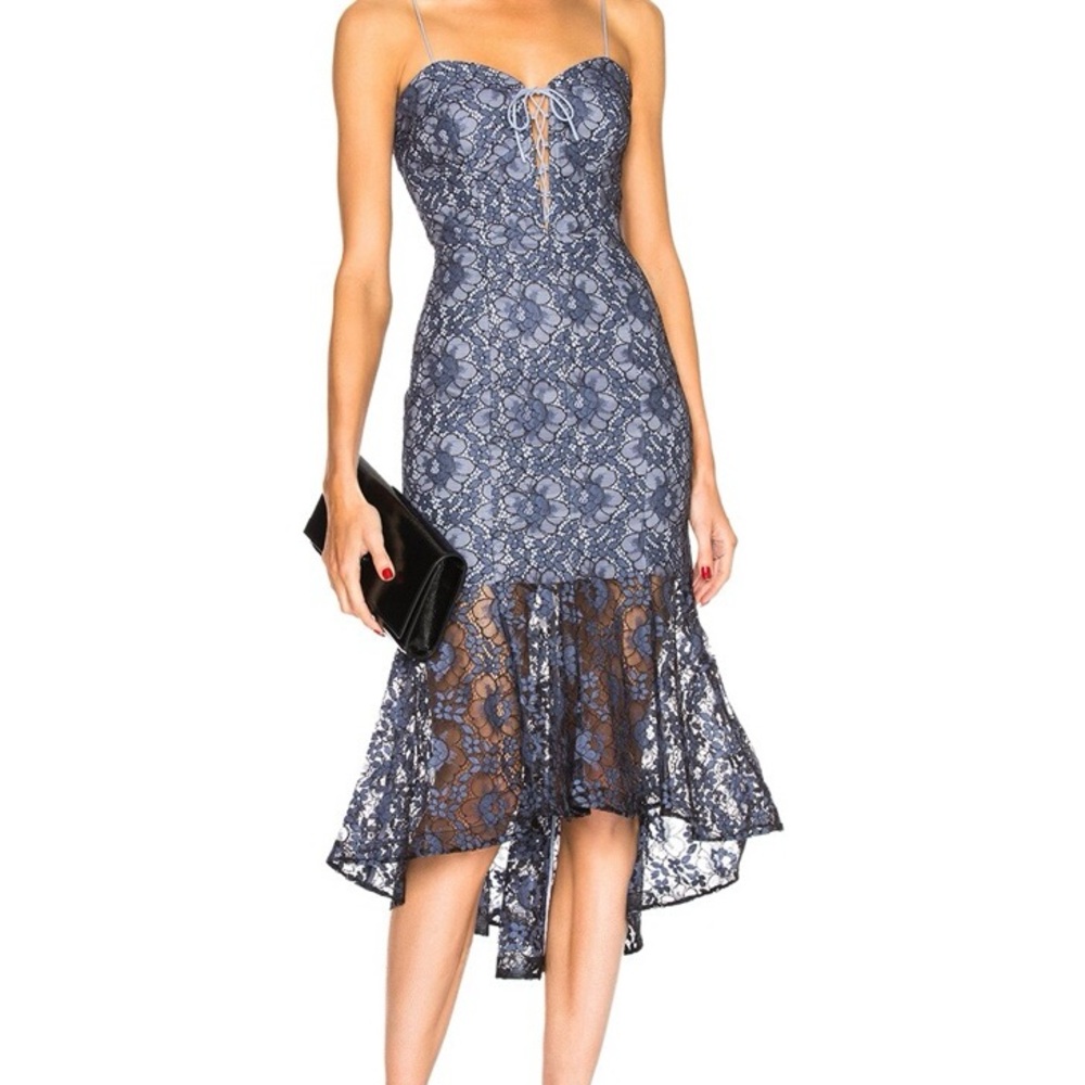 NICHOLAS Whisper Navy / Black Lace Corset Midi Dress with Spaghetti Straps Sz 0